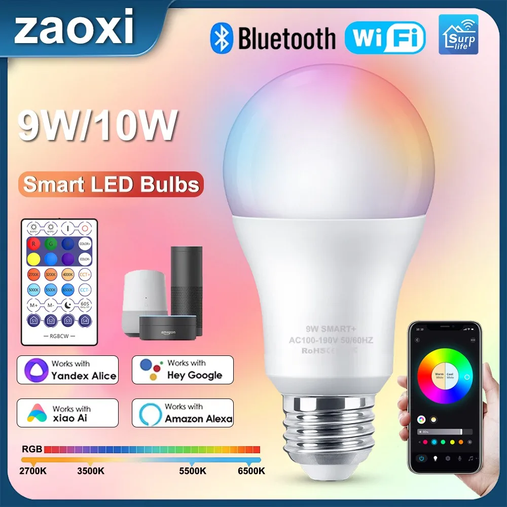 

ZAOXI Smart WiFi Bluetooth светодиодные лампы E26/E27 9 Вт/10 Вт приложение дистанционное управление затемнение синхронизация светодиодная лампа работает с Alexa Google Home