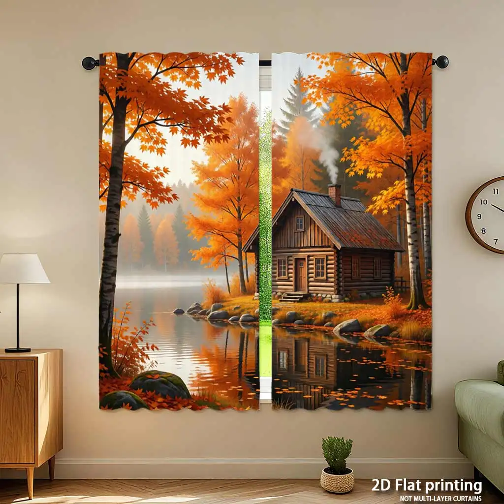 Autumn Fall Landscape Mural Curtain Forest Cabin Rustic Nature Print for Window Decorating Room Art Window Dressing