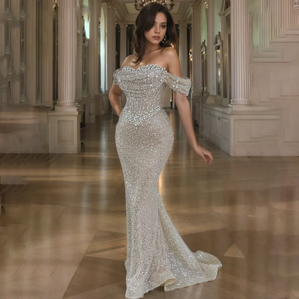 

Великолепное платье для выпускного вечера Manmux Pearl, милое платье для выпускного вечера с открытыми плечами и блестящими пайетками, вечернее платье по индивидуальному заказу