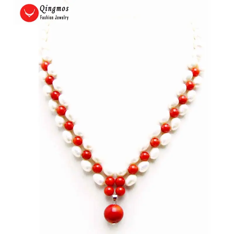 

Qingmos 6-7mm Rice Natural White Pearl Necklace for Women with Red Coral Pendant Necklace 17'' Handwork Weaving Chokers nec6189