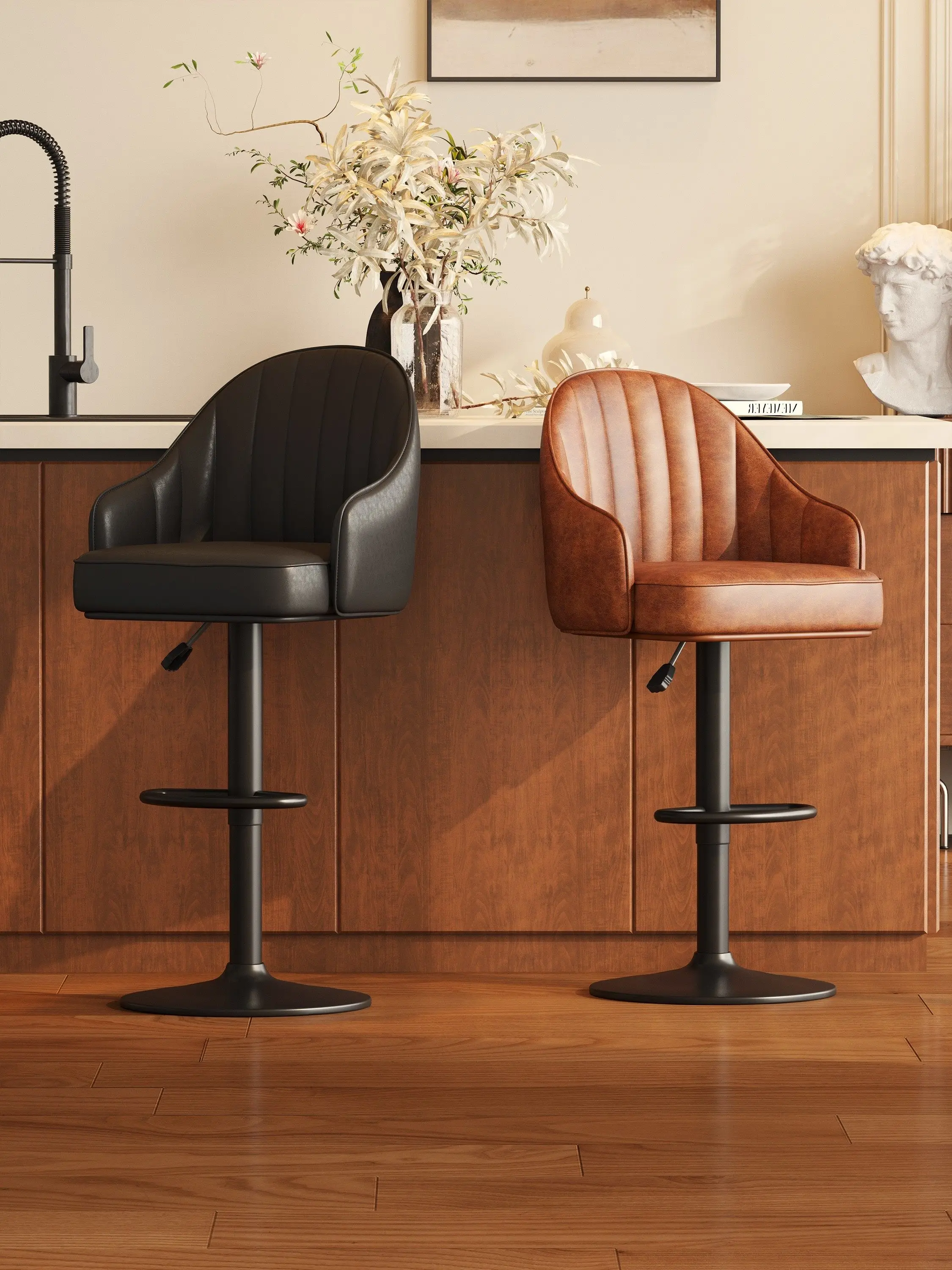 Household Bar Chair, Retro Island Chair with High-end Lift, Bar Black Backrest