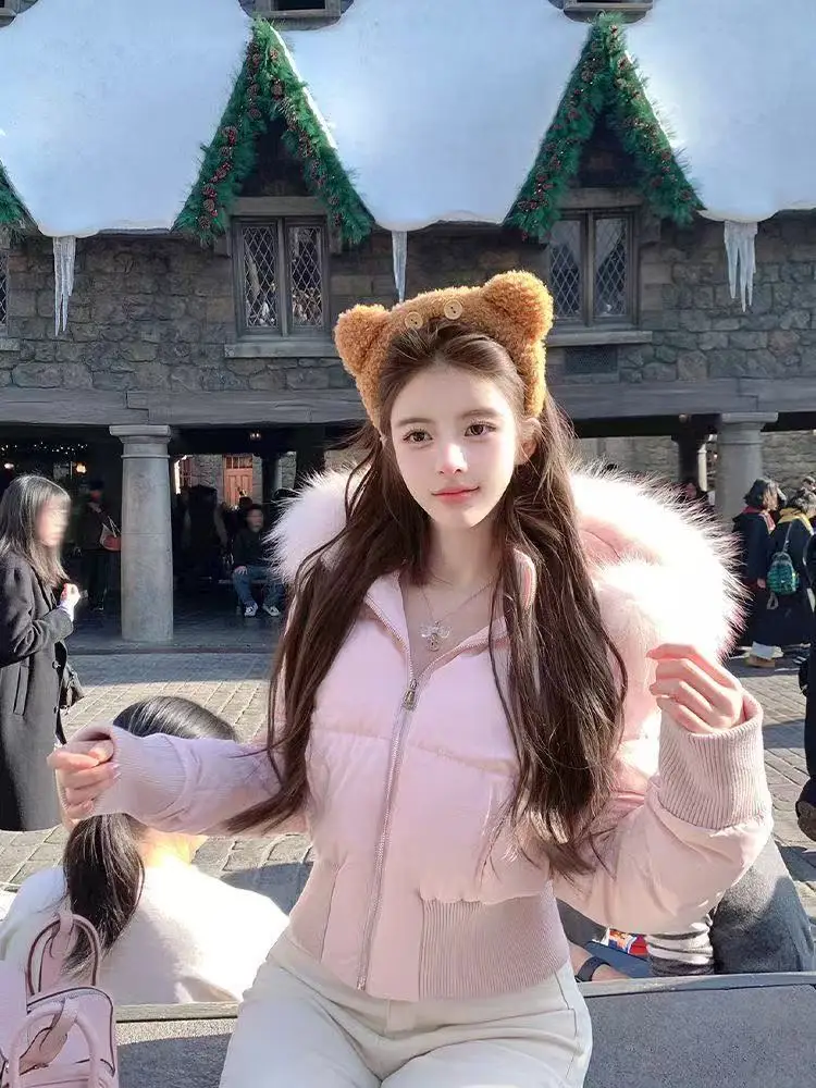 

Cotton clothing women's winter pink fur collar thickened jacket versatile age-reducing warm cotton jacket casual short top