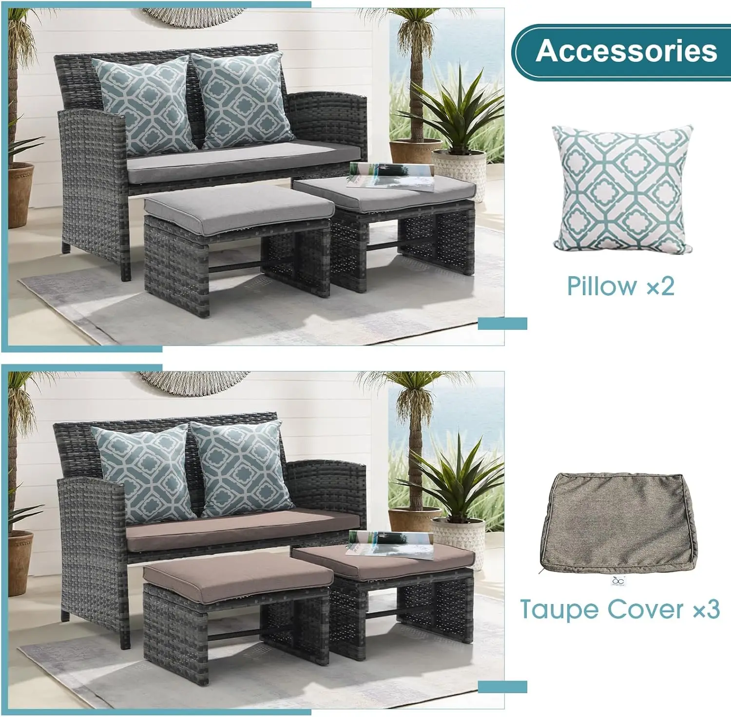 Outdoor Loveseat Patio Furniture Rattan Conversation Set with Ottoman, Cushions, Grey Wicker, Pillows Included