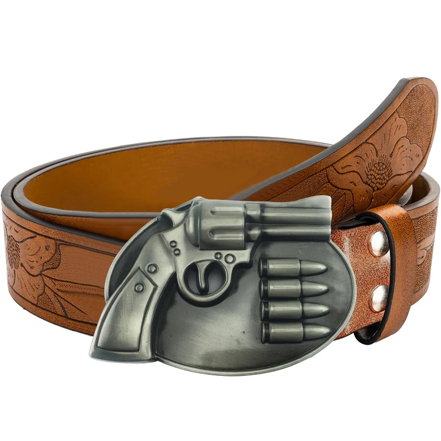 1pc men's Western style belt, vintage gun, carved floral patterns and long horn decorations, vintage style, great Valentine's Da