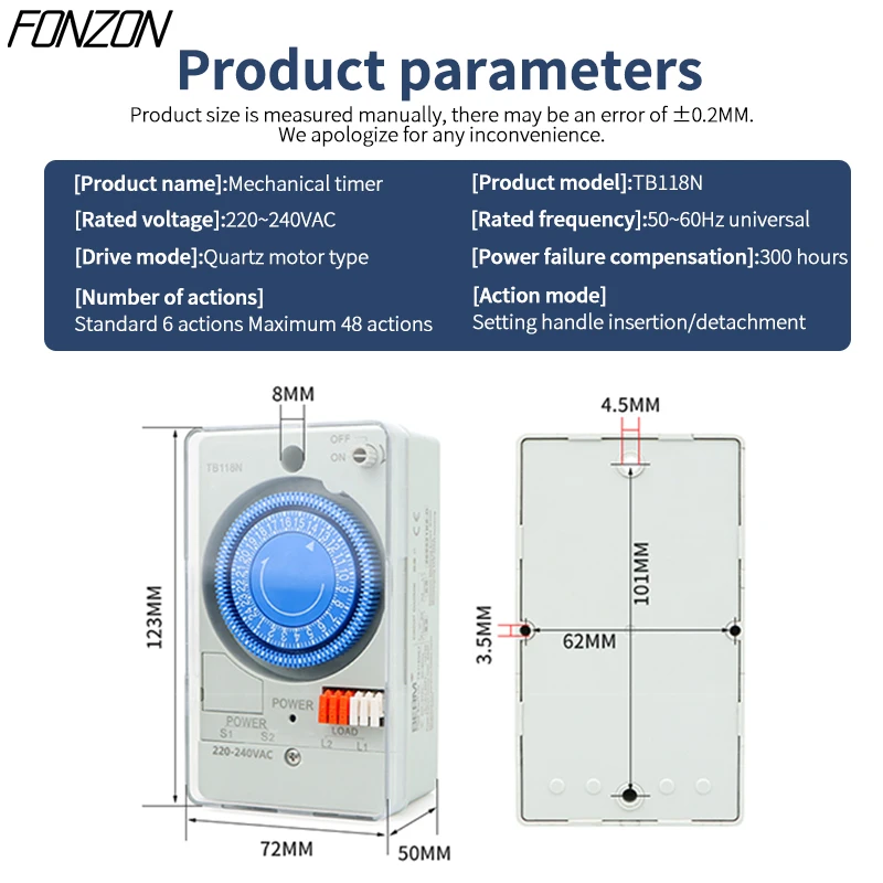 TB118N mechanical timer switch 100-240VAC 50-60Hz  Din Rail Waterproof transparent plastic protective cover battery