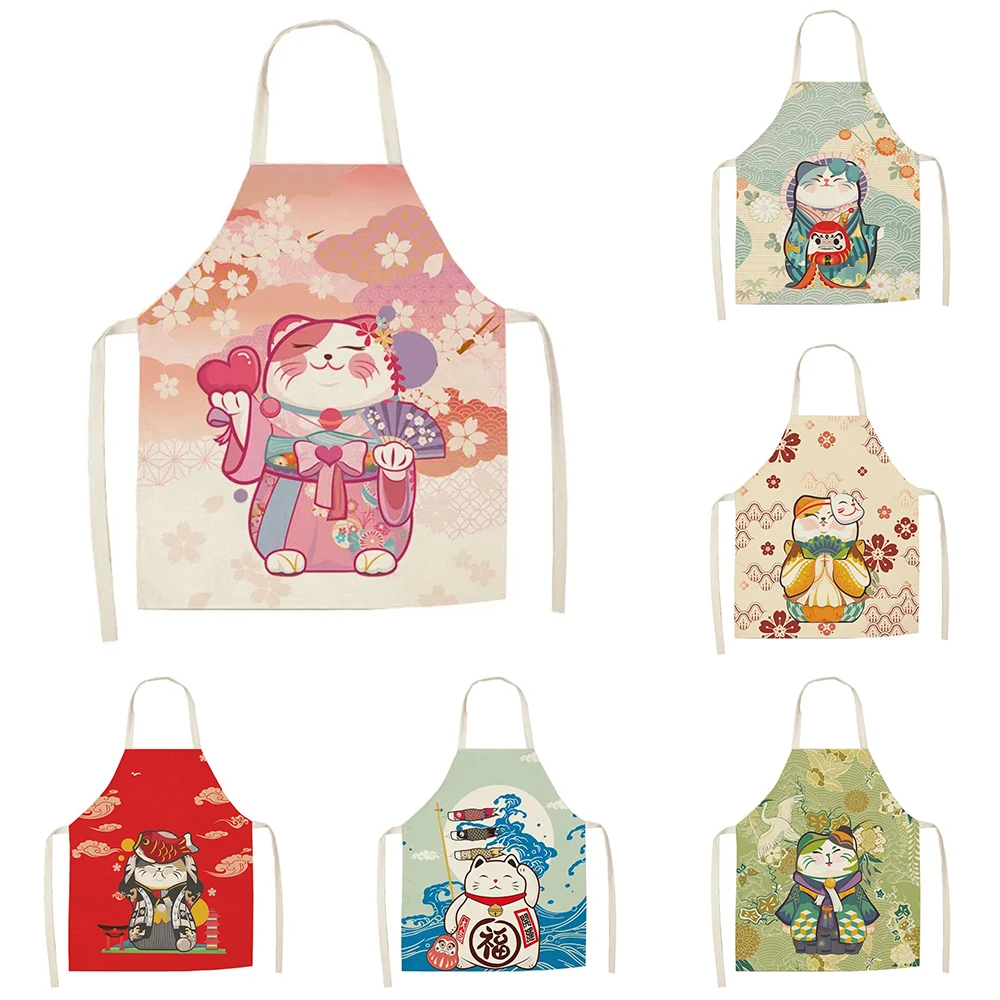 Lucky Cat Pattern Apron Home Ladies Cleaning Anti-Grease Sleeveless Bib Home Men Cooking Baking Linen Apron