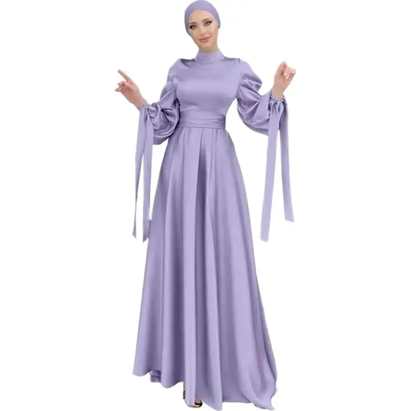 

Women Clothing Attire Garments Satin Dress with High-Neck Waist-cinching and Bubble Sleeves for Women Vestidos De Trico Femenino