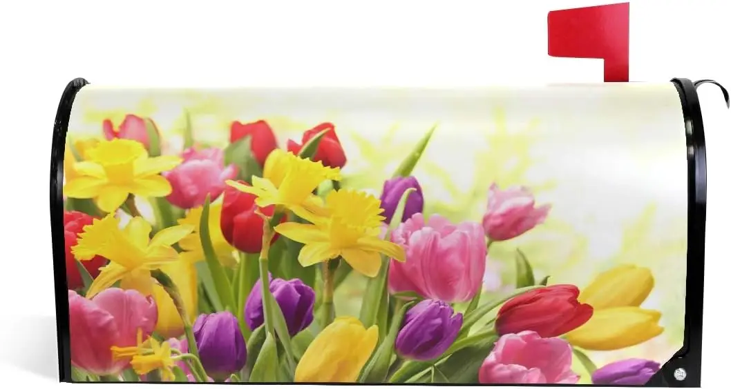 Ostern bunte Tulpen und Narzissen Mailbox Abdeckung magnetische Mailbox gewickelt Outdoor Garten Hof Dekor Briefkasten Abdeckung