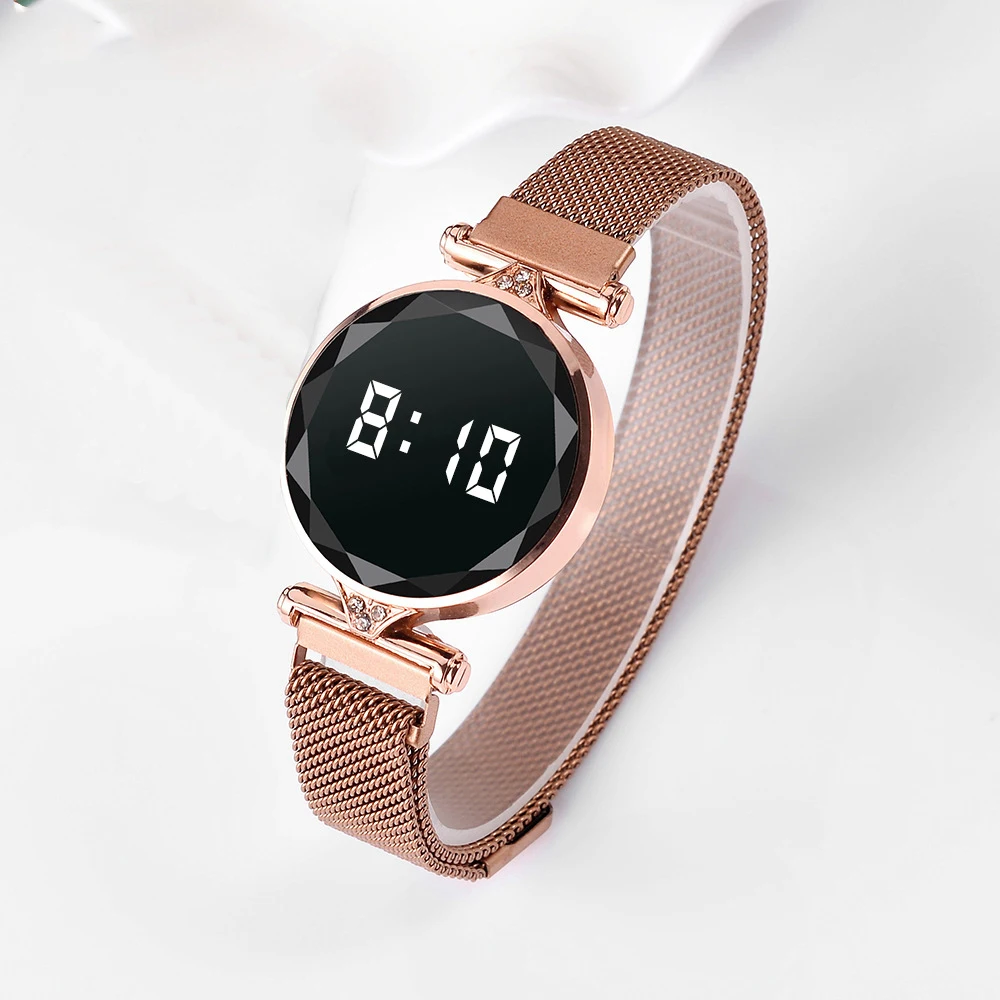 Relojes magnéticos digitales de lujo para mujer, reloj de pulsera de cuarzo LED de acero inoxidable de oro rosa, femenino