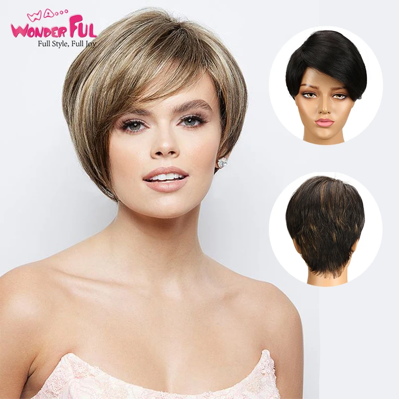 Wonderful Short Straight Human Hair Wigs For Black Women Side Part Wig Perruque Cheveux Humain Remy Malaysian Straight Wigs