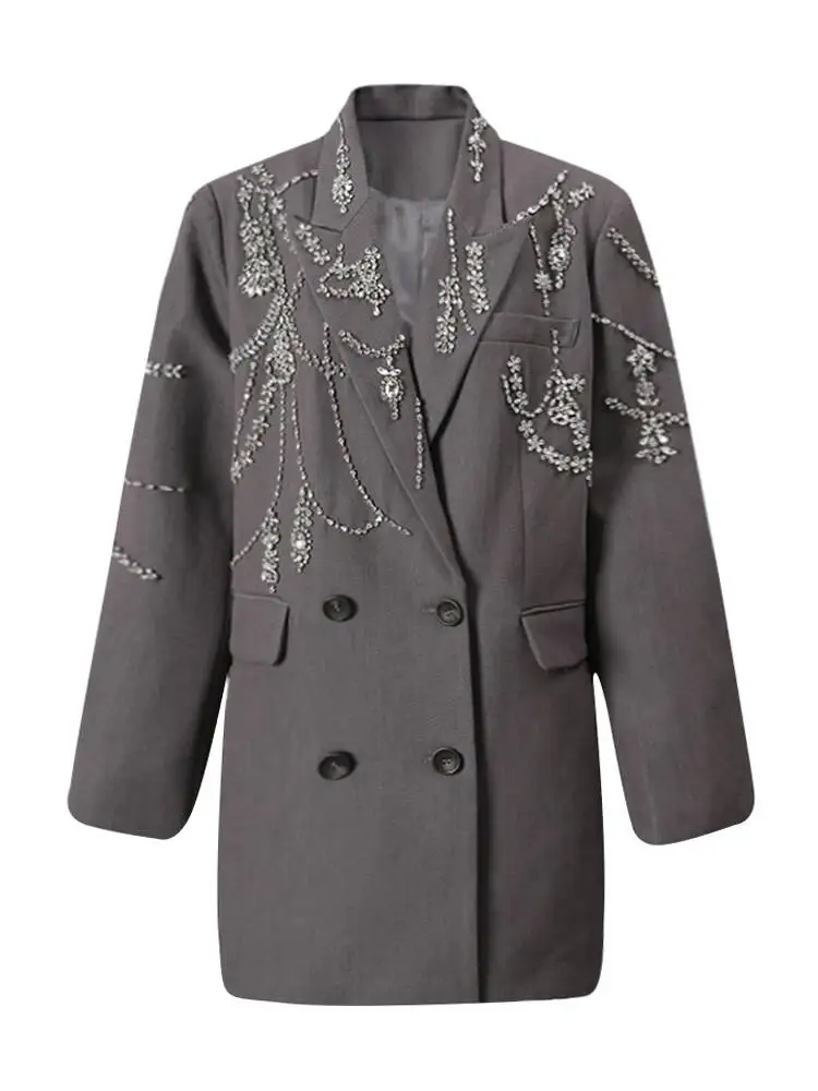 

Fashion Women's Super Heavy Industry Nail Bead Blazer Notched Collar Double Breasted Loose Suit Jackets Autumn 2026 WS2U