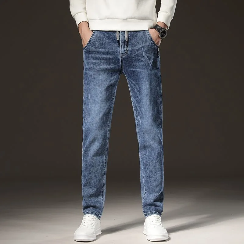 

Весенне-осенние модные трендовые однотонные прямые эластичные джинсы, мужские повседневные спортивные удобные брюки высокого качества