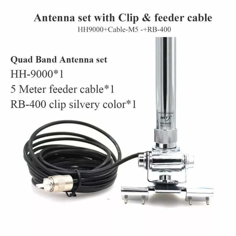 HH-9000 Quad Band Mobile Antenna with RB-400 Clip and 5 Meter Feeder Cable for TYT TH-9800 QYT KT-7900D KT8900 Car Mobile Radio