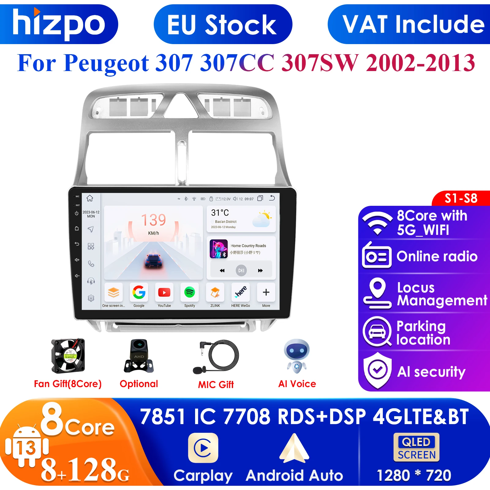 8GB+128GB AI Voice For Peugeot 307 SW 307CC 307SW 2002 - 2013 Car Radio 2 Din Android Auto Multimedia GPS Track Carplay 2din DVD