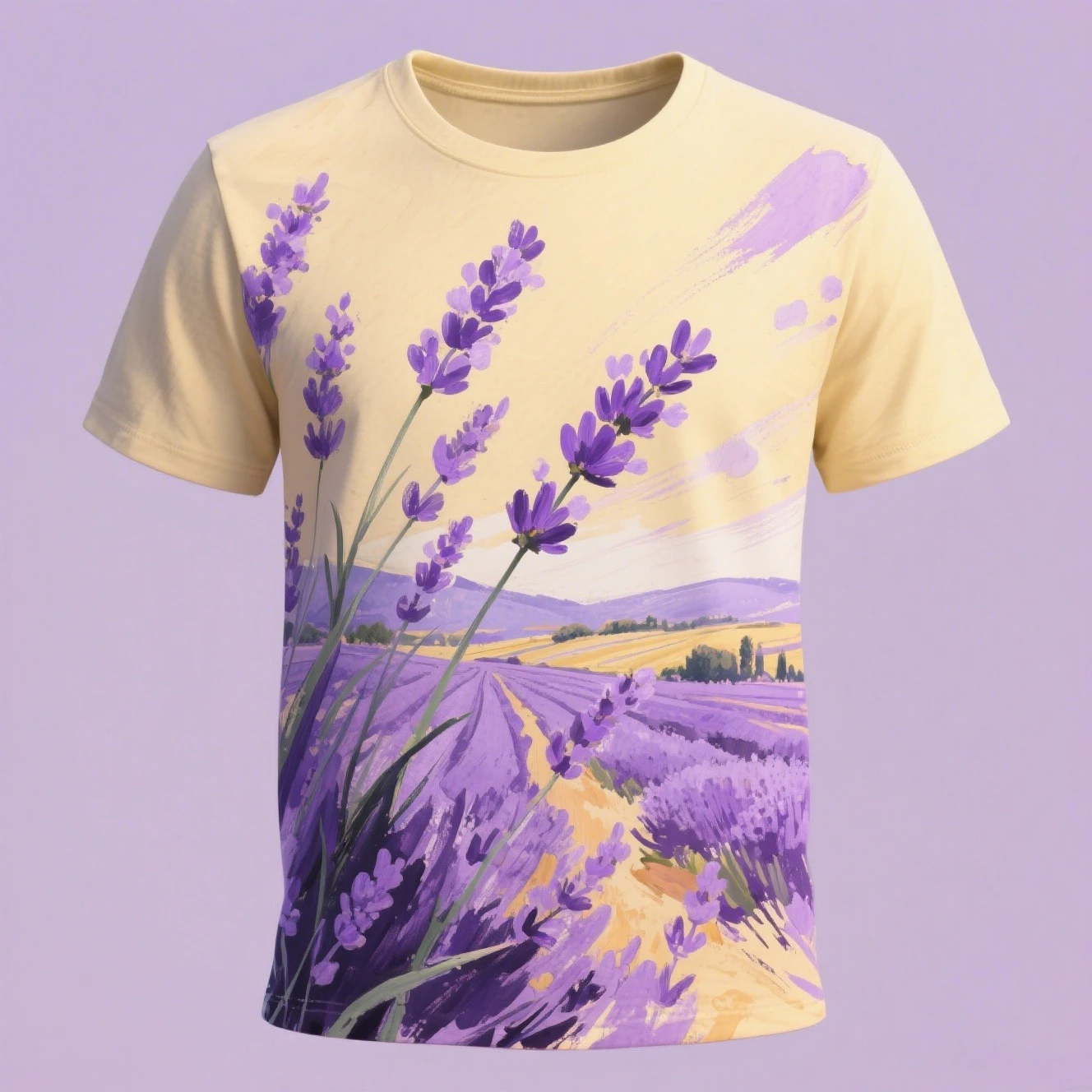 

Lavender Field T-Shirt - Oil Painting Floral Print, Pastel Yellow Summer Tee with Romantic Countryside Vibes
