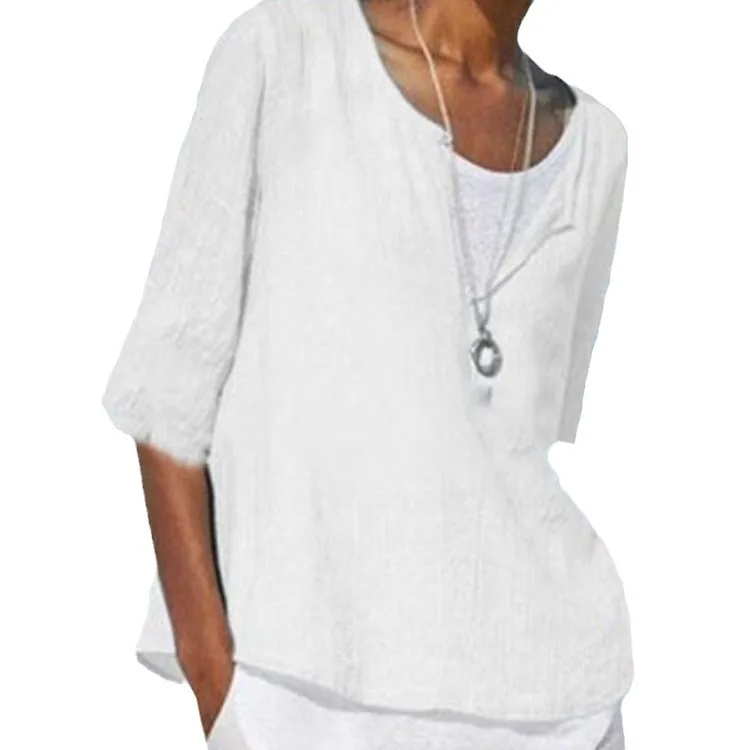 New Summer Autumn Women's Linen Cotton T-shirts Solid Color V Neck Top Casual Loose Long Sleeve Lightweight Pullovers 5