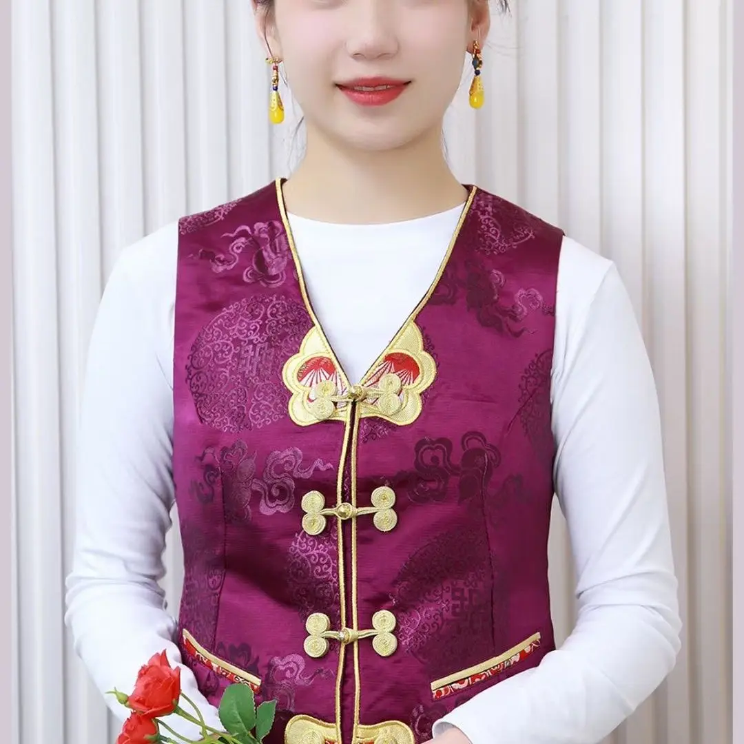 Women's brocade-trimmed Tibetan minority style vest jacket