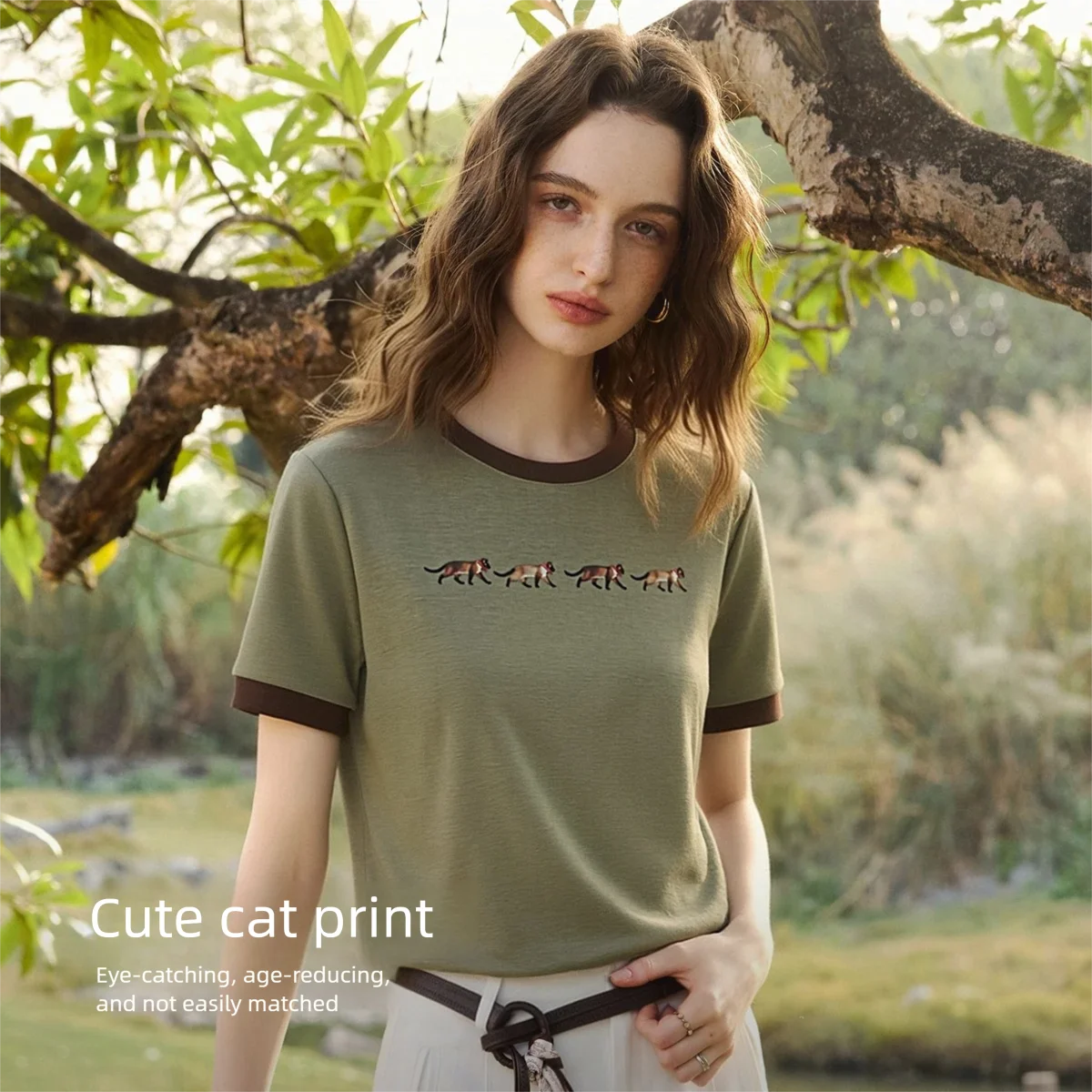 OLrain Fashion Contrast Trim Crew Neck Cute Cat Print Short Sleeve Tee 2026 Summer Retro Casual Cotton Top Women O58XT005836