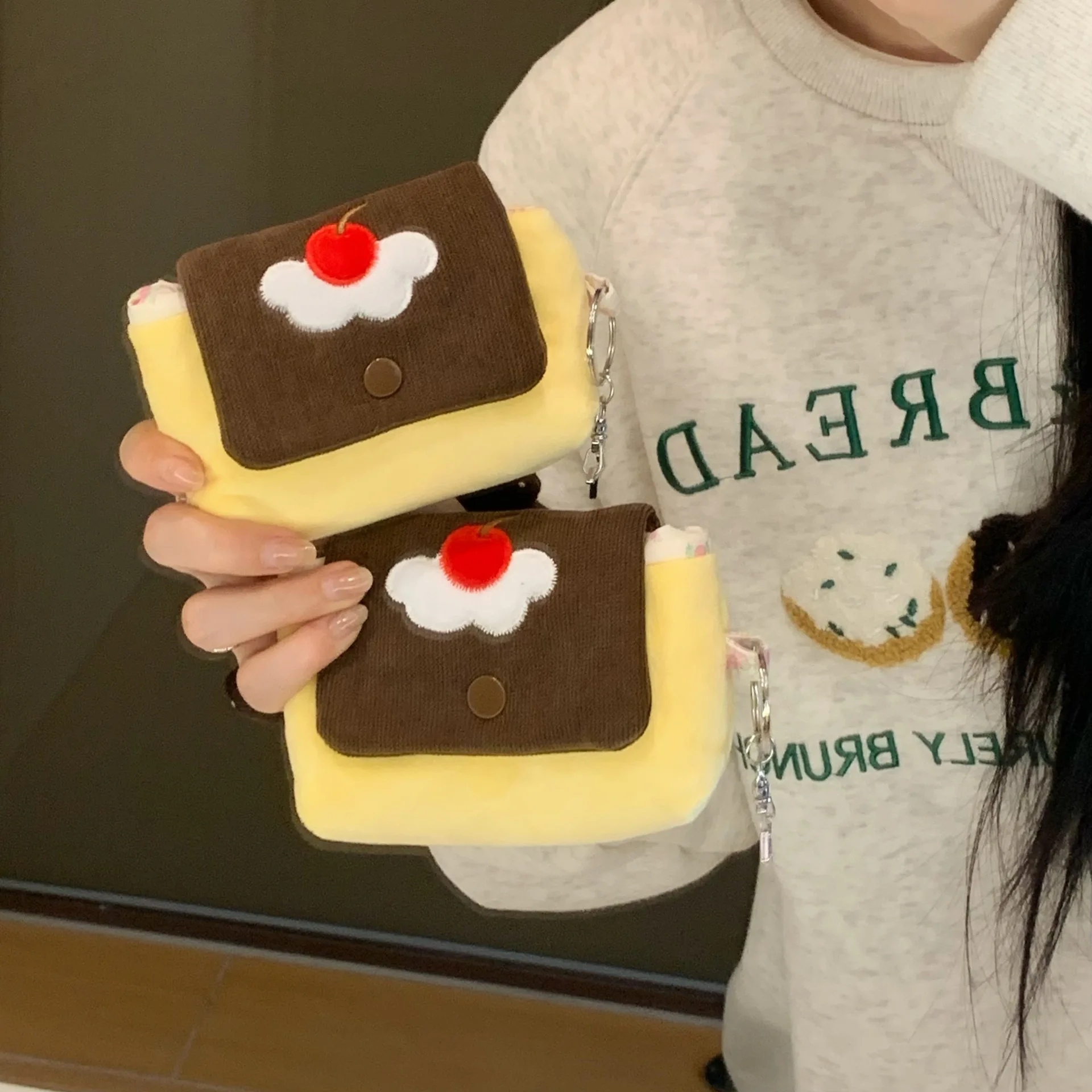 Multifunctional Small Pouch for Girls Cute Cherry Pudding Plush Coin Purse Mini Cartoon Portable Wallet for Cards Earphones Case