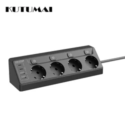 Power Strip Multi Plug 4 Socket 4USB Port Fast Charging Network Filter 6.5FT Extension Cord Independent Switch For Home Kitchen