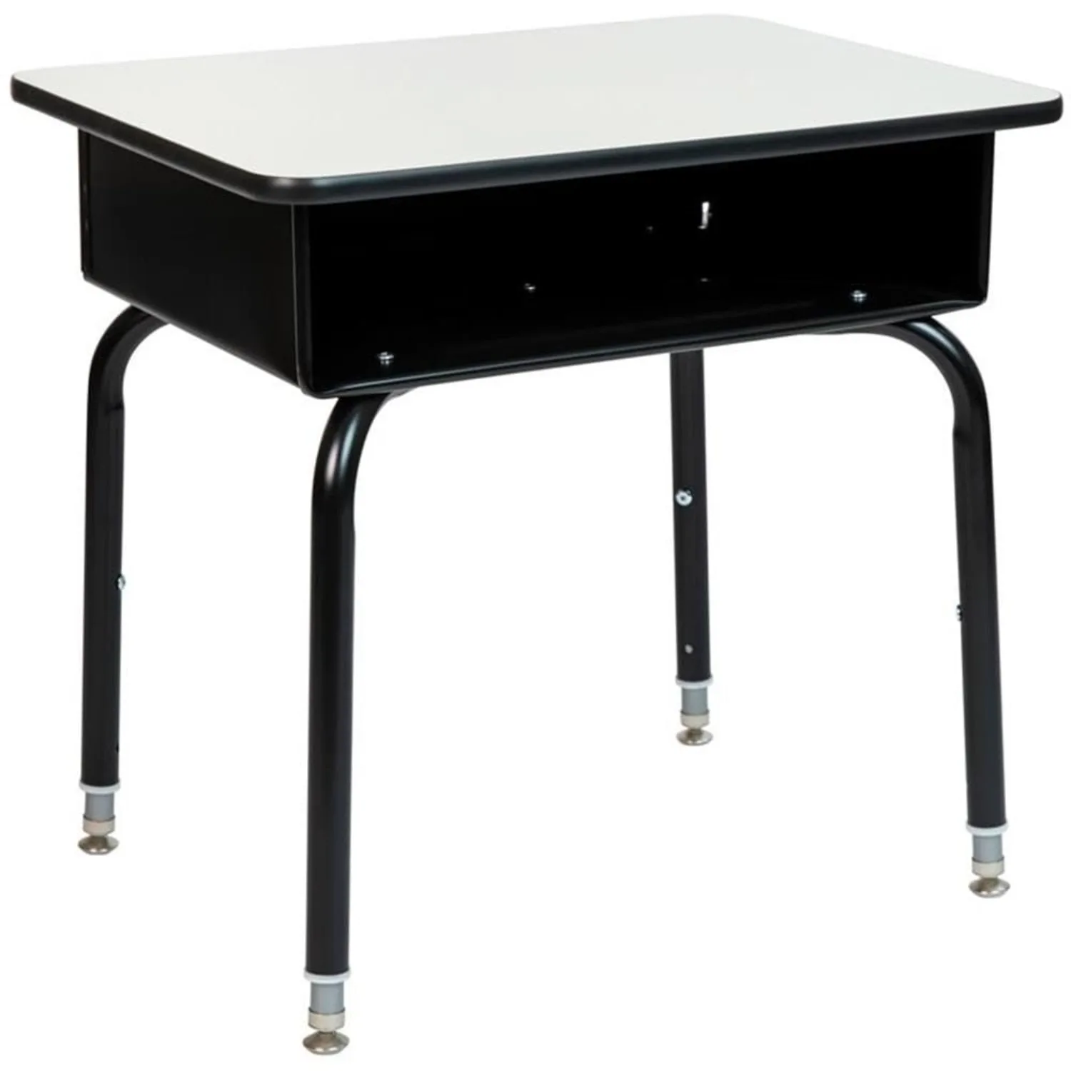 Modern Open Front Classroom Desk, Gray Laminate Top, Black Metal Book Box, Adjustable Height 22.25-31.25 in, Durable