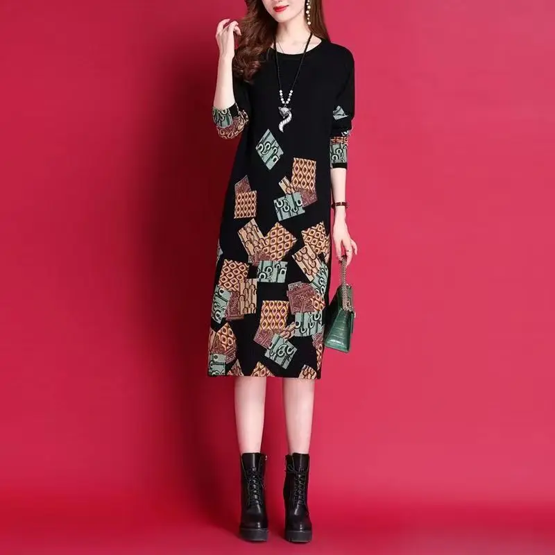 

Autumn Winter Knitted Cotton Thick Warm Midi Sweater Dresses 2024 Korean Vintage Casual Pullovers Women Elegant Bodycon Sweaters