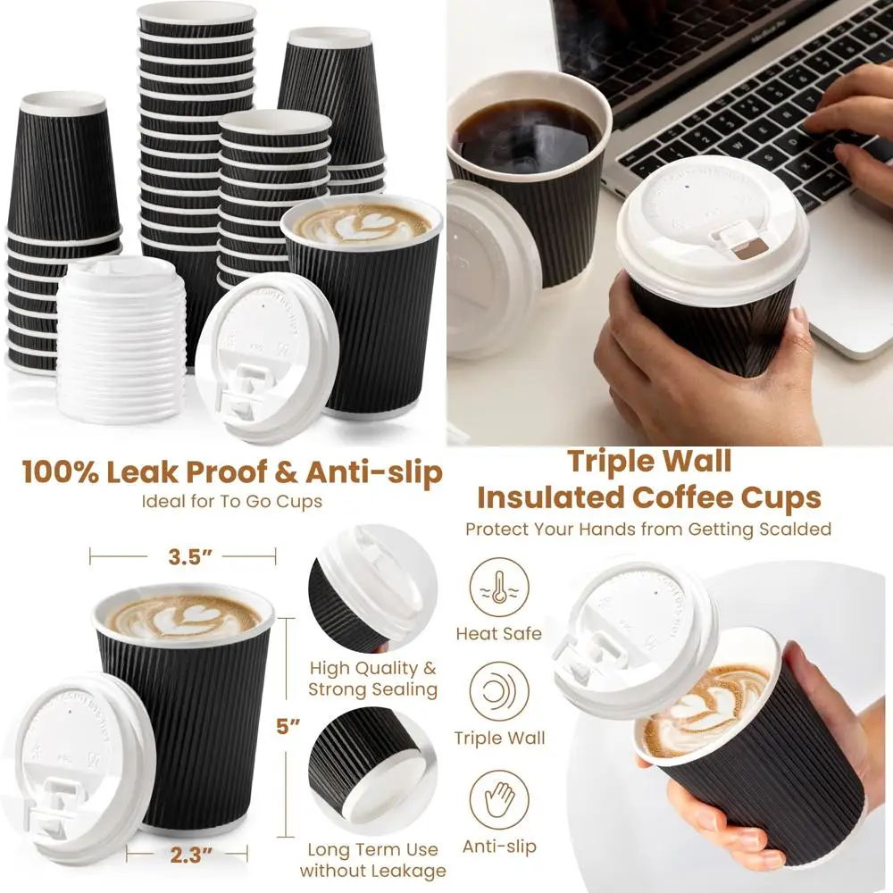 

Disposable 12 oz Black Coffee Cups with Lids & Stirrers, Insulated Triple Wall To-Go Cups for Hot Beverages, Meal Prep 250 Pack