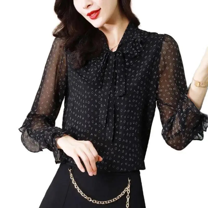 Elegant Fashion Letter Print Bow Chiffon Shirt Spring Summer 2023 New Ruffled Neck Long Sleeve Pullover Blouse Women\'s Clothing