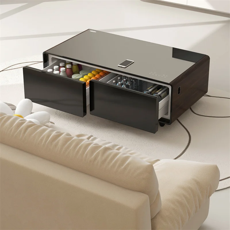 Wood Color Centre Table With Fridge Inside Smart Coffee Table Built In Music Player USB Ports For Living Room Furniture