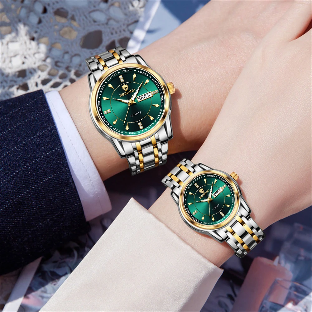 BINBOND Couple Watches Simple Fashion Top Brand Original Quartz Watch for Lover Waterproof Stainless Steel Date Week Luminous