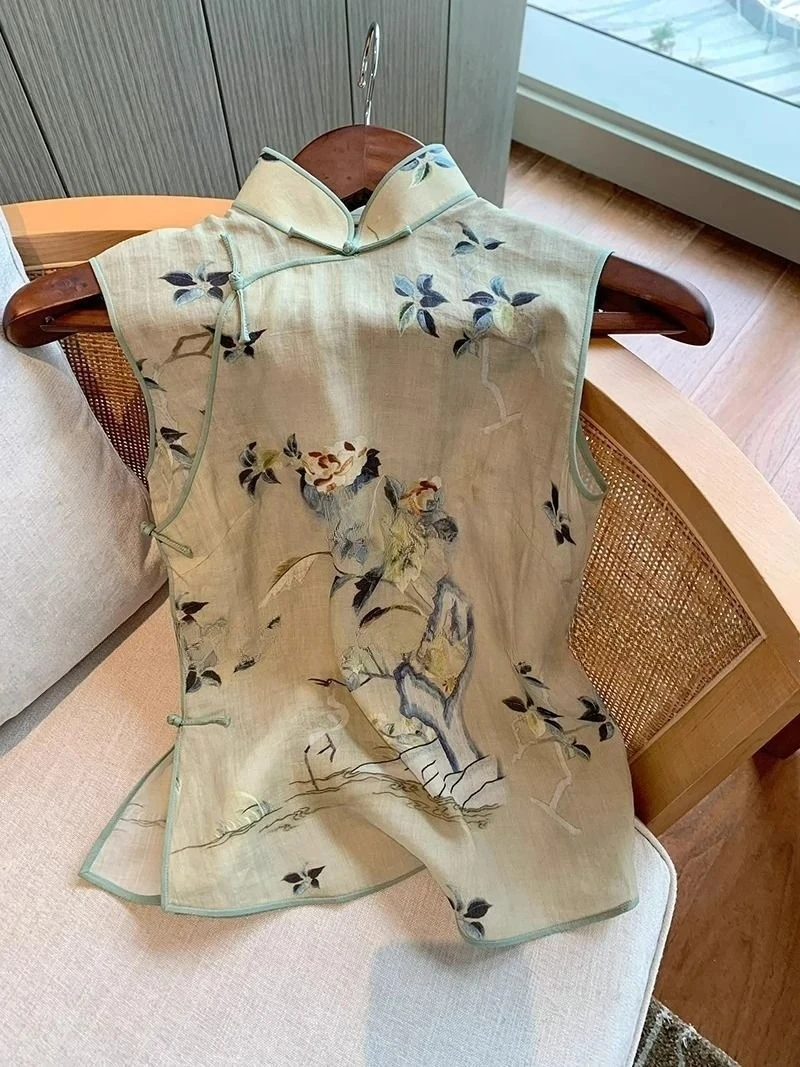 

2025 новый китайский ретро элегантный жилет с пряжкой, женский летний винтажный жилет без рукавов в национальном стиле, жилет Cheongsam, топ