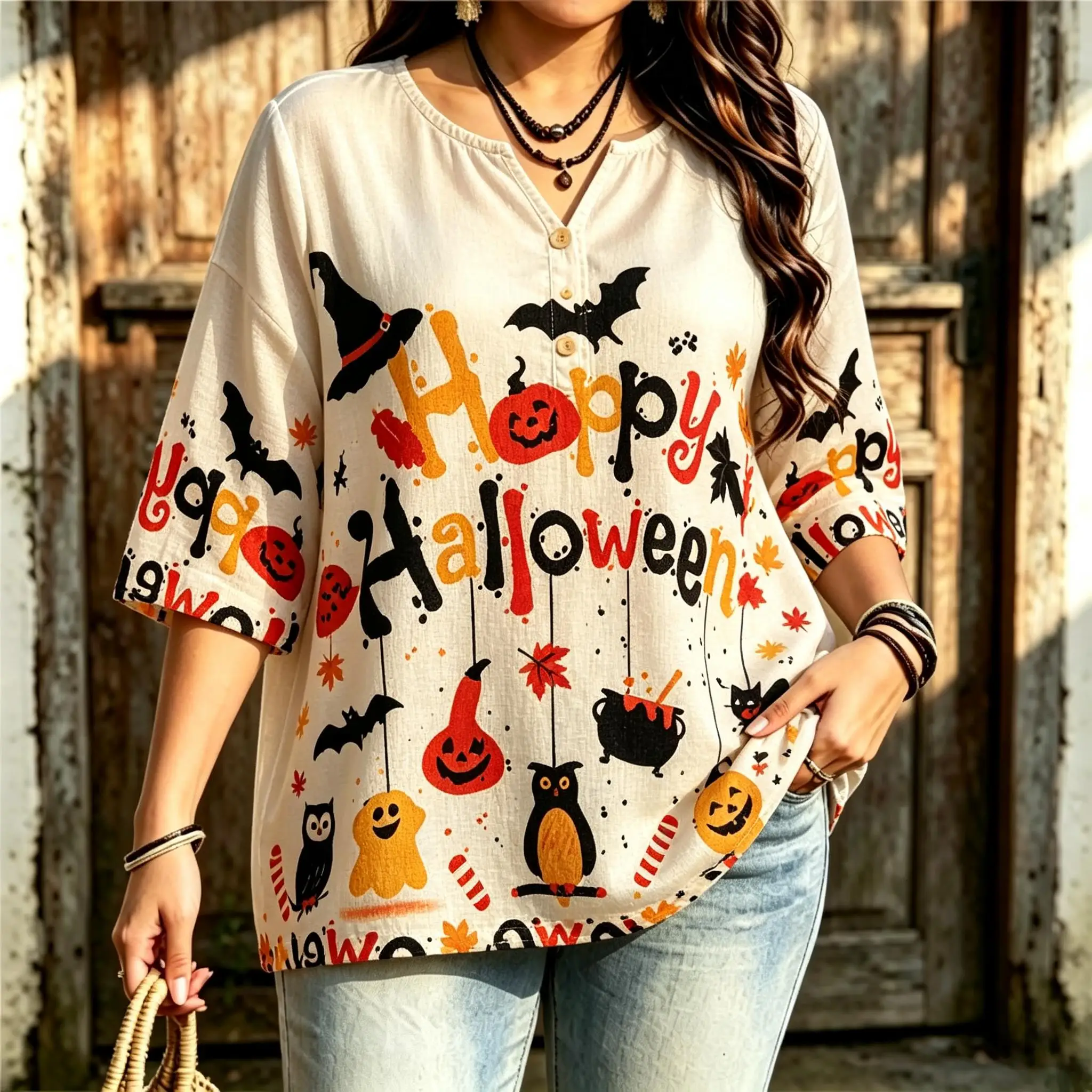 Women Notched Henley Neck 3/4 Sleeve Blouse Happy Halloween Letter Pumpkin Ghost Bat Owl Witch Hat Print Casual Loose Tops