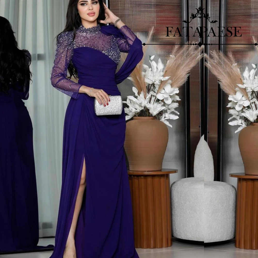 FATAPAESE Customized Muslim Evening Dress Illusion Beaded Crystal Neck Full Sleeve Side Slit Chiffon Skirt Special Occasion Gow