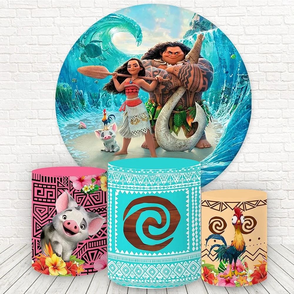 Princess Baby Moana Round Backdrop Cover for Kids Baby Shower Cartoon Waialiki Maui Event Banner Circle Background Plinth Covers