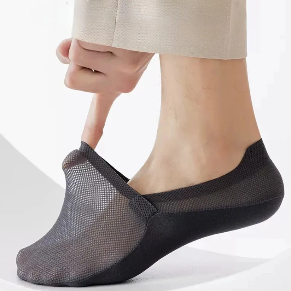 Men Ice Silk No Show Boat Socks Mesh Hollow Thin Breathable Anti Slip Cotton Sole Low Cut Socks Summer Casual Invisible Footwear
