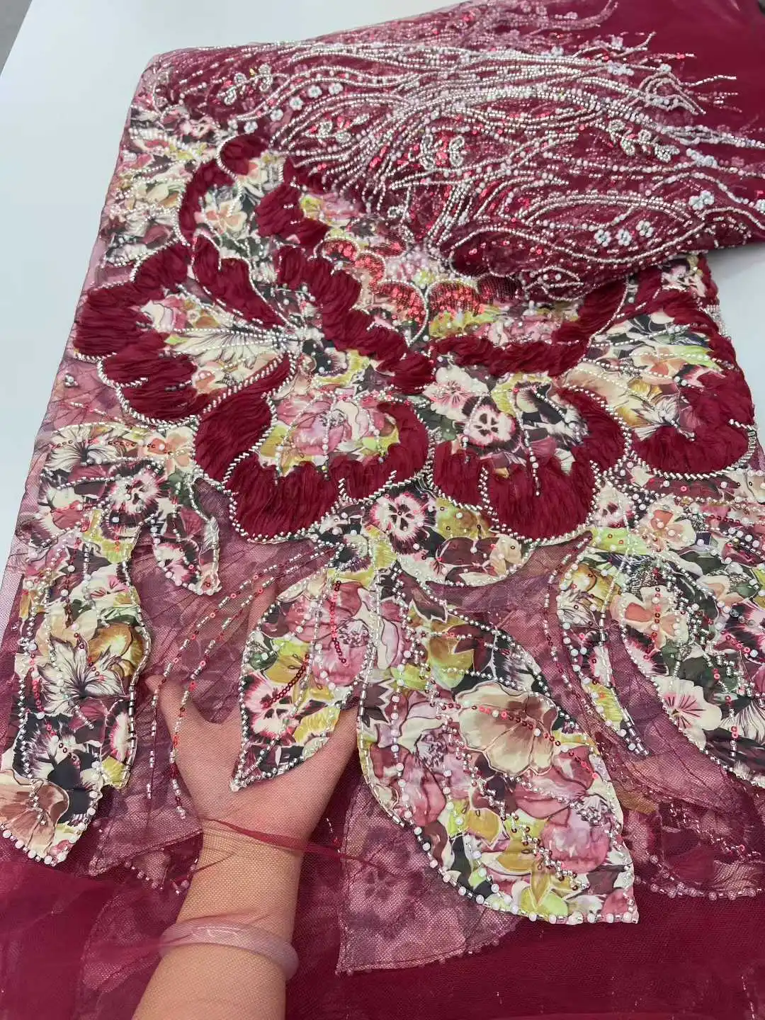 

2025 French 3D Beaded Fabric African Nigerian Sequin Lace Fabric High Quality Lace Women's Wedding Party Dress Material 5 Yards