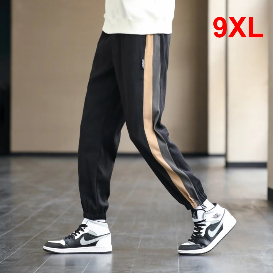 

Plus Size 9XL Ankle-length Pants Sweatpants Men Jogger Pants Fashion Casual Side Striped Patchwork Pants Big Size 9XL