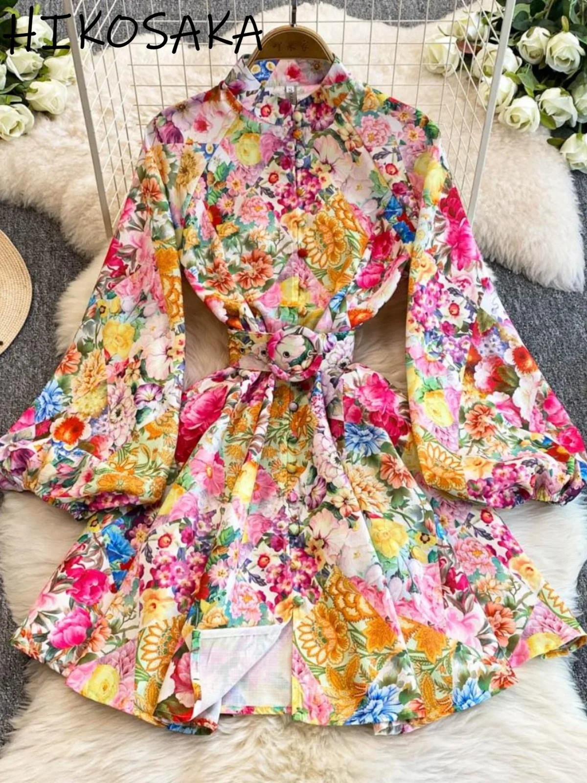

Spring Vacation Style Floral Print Dress Lantern Sleeve Slim Waist Belt Single Breasted Ropa Mujer Big Swing Split Vestidos
