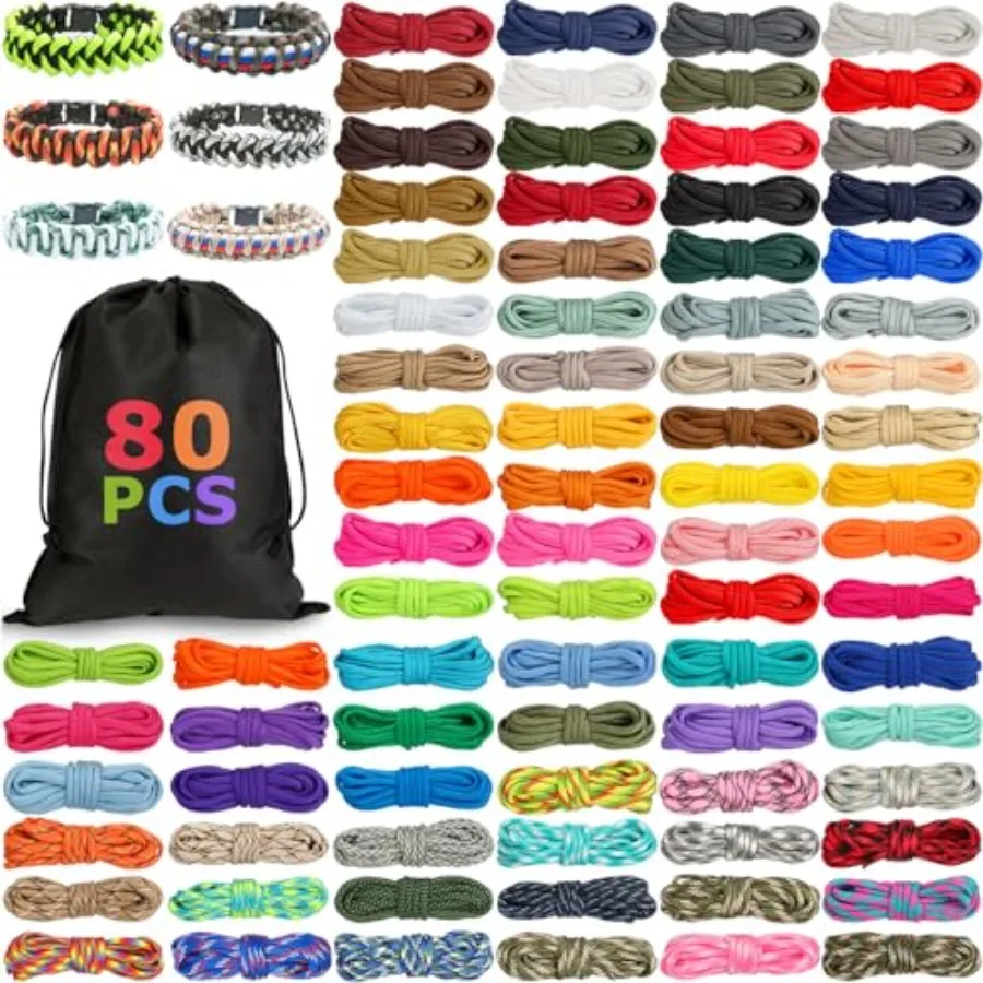 

80 Pcs Paracord 550 10Feet Each Multifunction Paracord Ropes Combo Crafting Kits with Drawstring Bag for Making Lanyard Bracele
