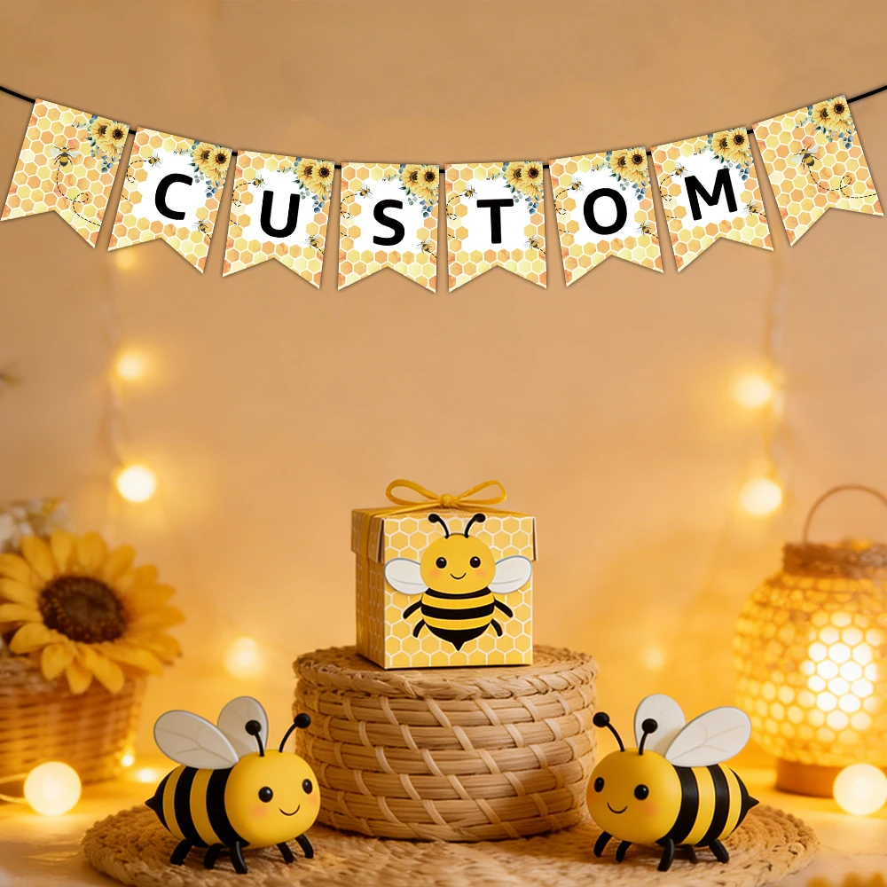 Individuelles Foto-Banner mit Bienen-Motiv für Geburtstage, Personalisierbare Wimpelkette mit Beliebigem Text für Bienengeburtstags-Partys