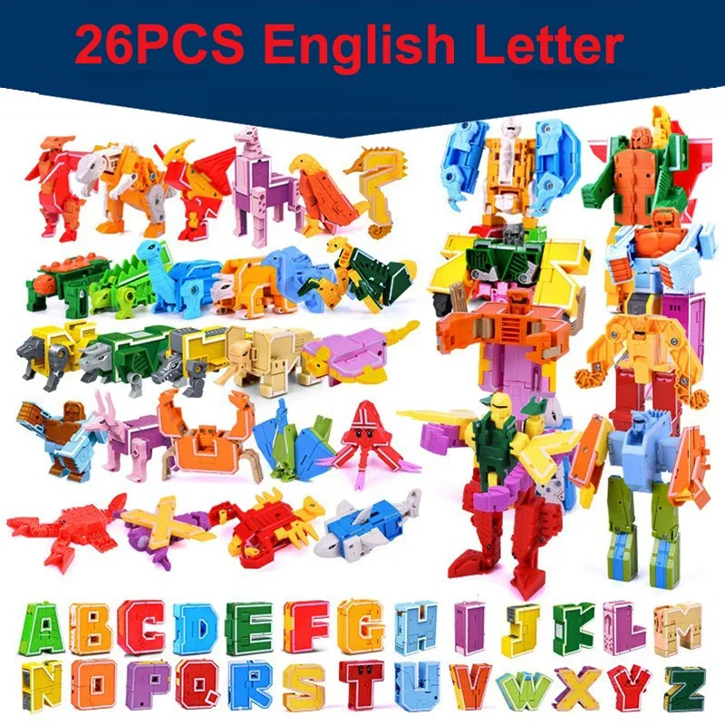 

26 GUDI English Letter Learn Alphabet Transformation Robot Dinosaur Deformation Animal Action Figures Assembling toys ornaments