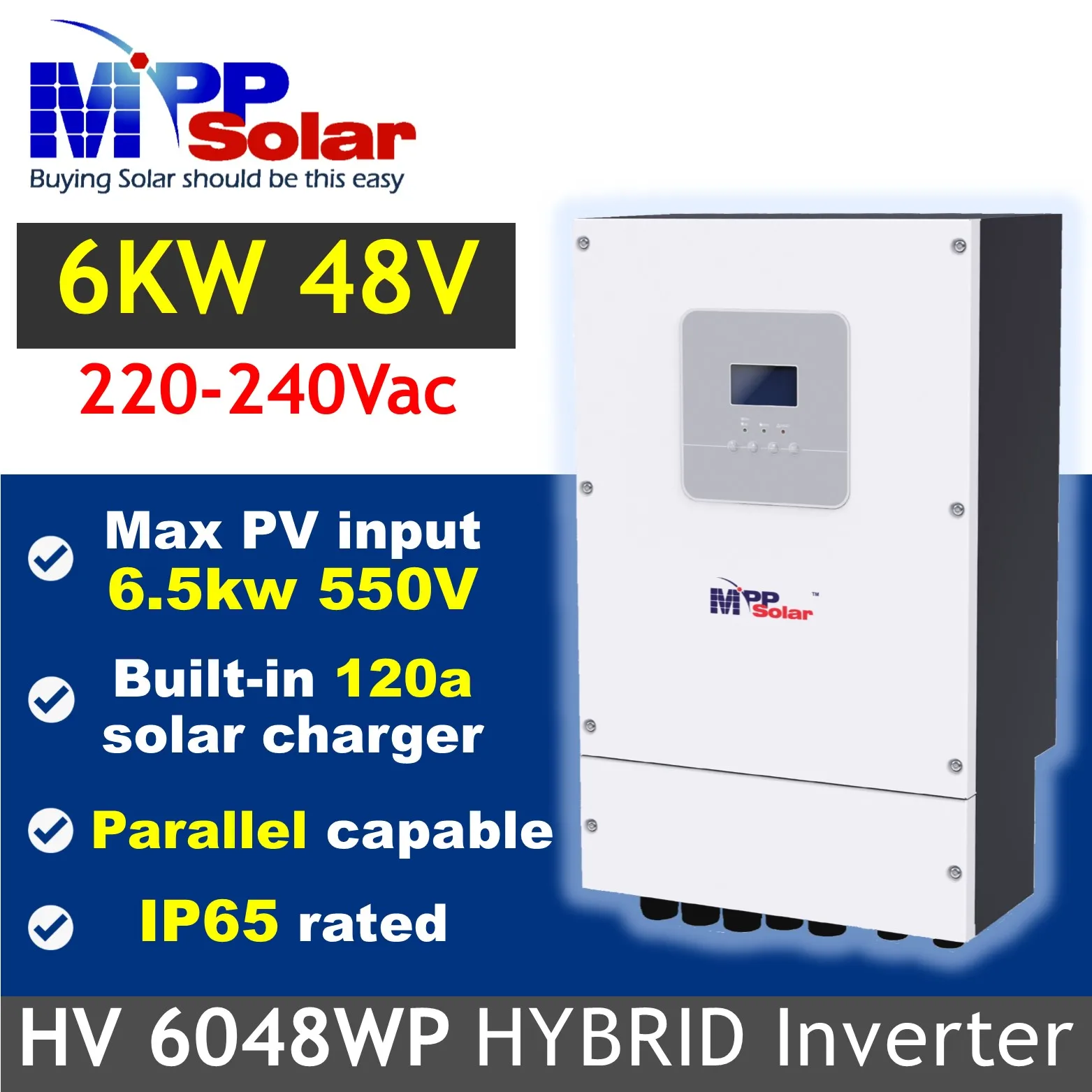 HV 6048WP 6000w 48v 230v hybrid MPP Solar inverter mppt charger 120A IP65 outdoor parallel capable battery less