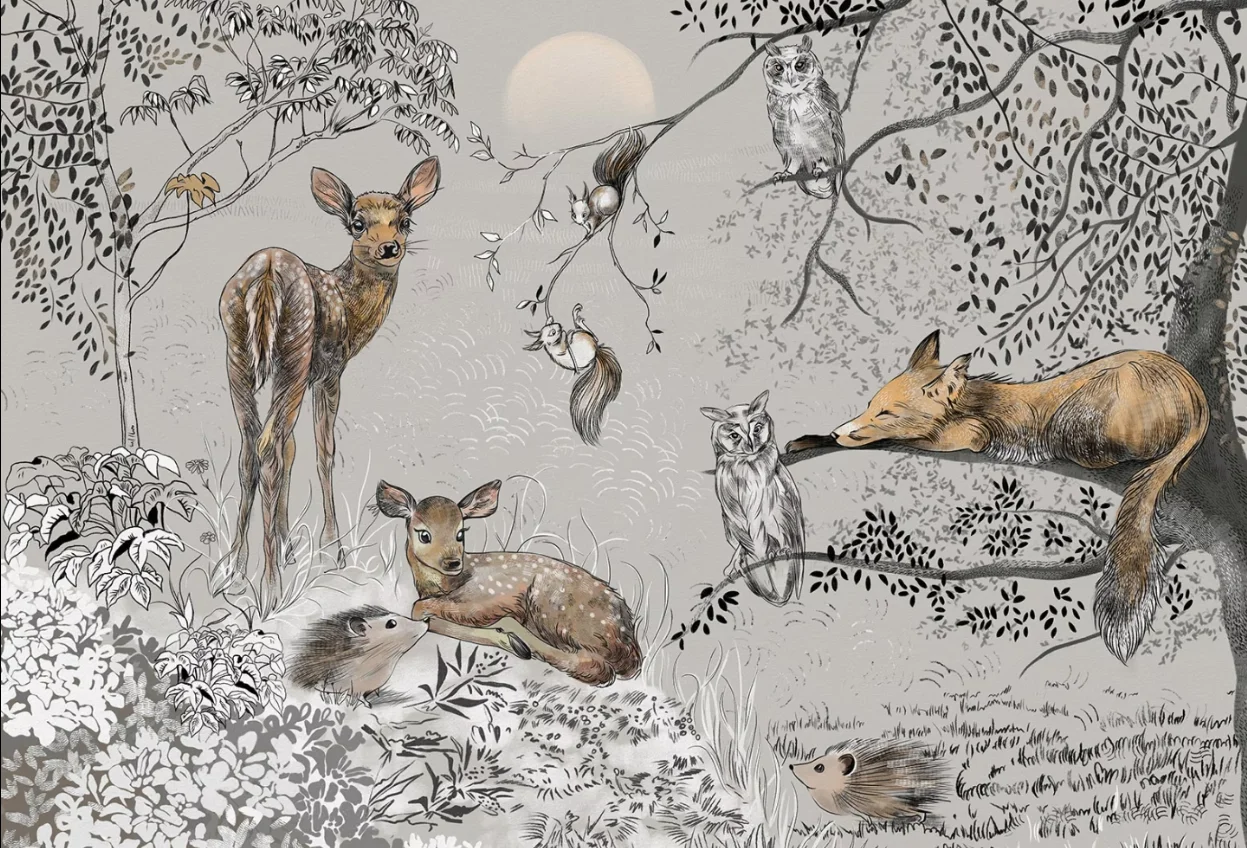 Customized mural, children's animal forest wallpaper, cartoon forest, rainforest animal and plant decoration painting wallpaper