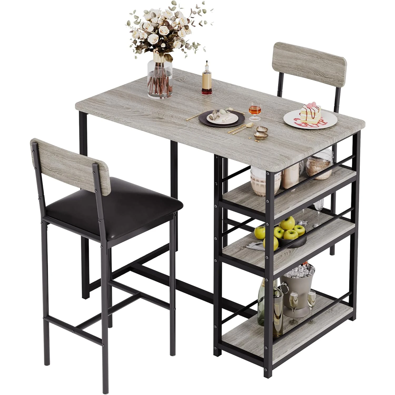 Kitchen Table and Chairs for 2 with Counter Height Table & 2 Upholstered Bar Stools, 3 Piece Dining Table Set with Footrest
