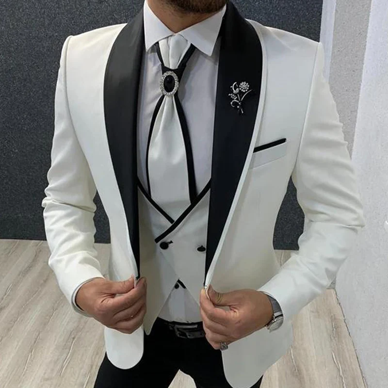 White Slim fit Wedding Tuxedo for Groomsmen 3 piece Men Suits with Black Pants Man Fashion Set Jacket Waistcoat Boyfriend Suit