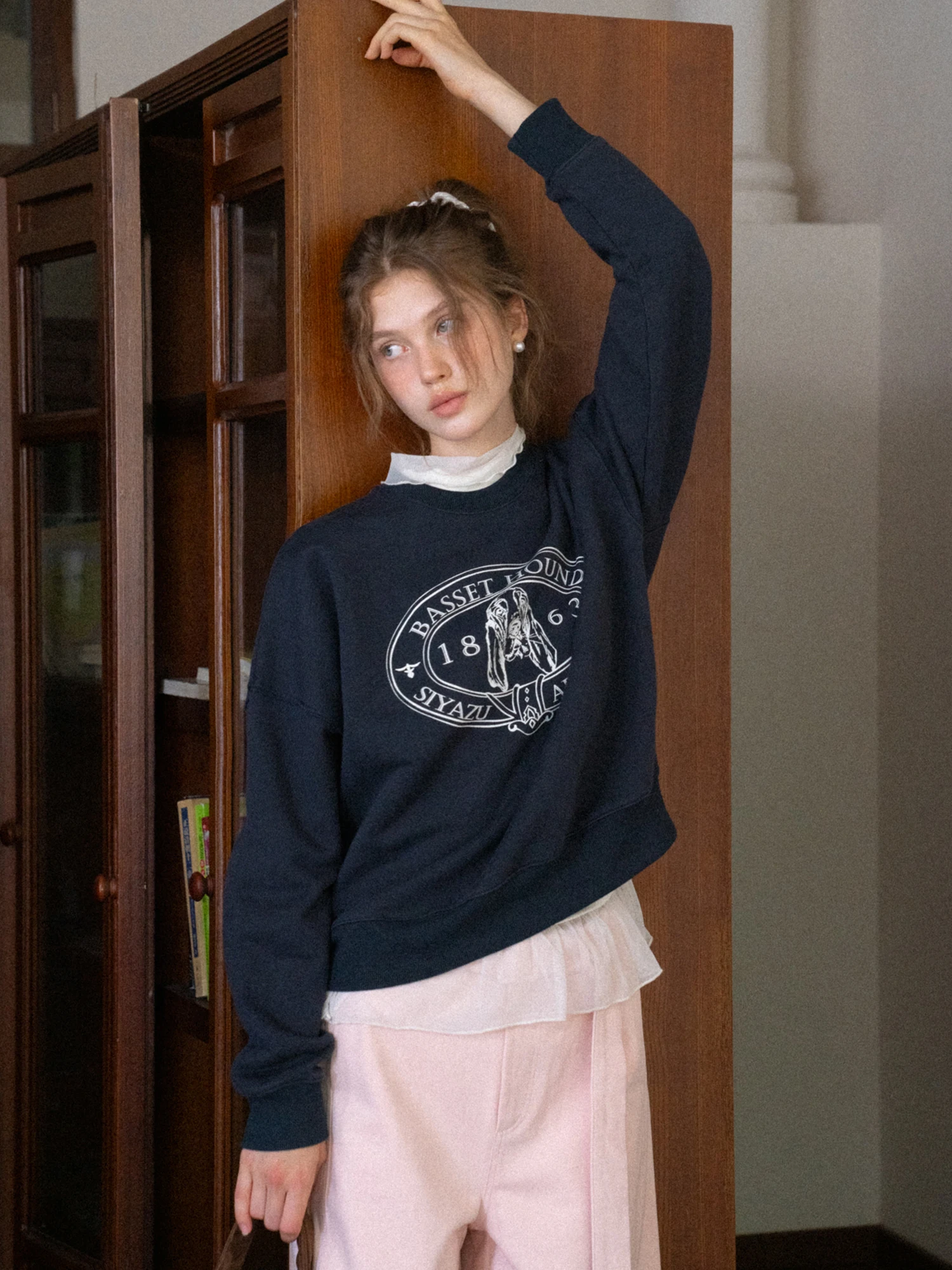 

Свободный свитшот с круглым вырезом и принтом для женщин, повседневный топ для работы и отдыха, удобный хлопковый лонгслив с круглым вырезом