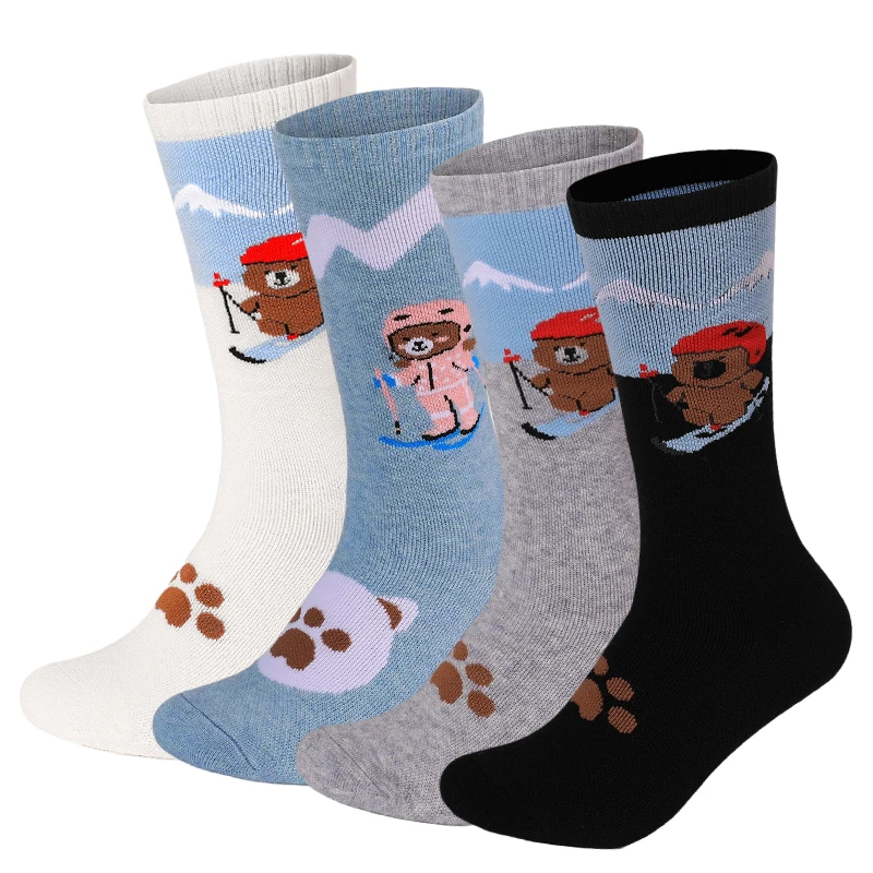 Kids Merino Wool Ski Socks Knee High Cute Cartoon Bear Thick Thermal Long Socks Boys Girls Winter Outdoor Socks