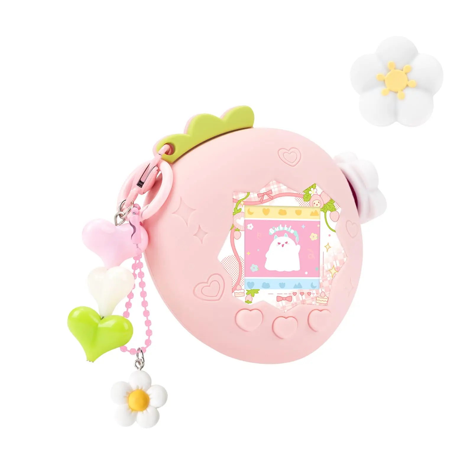 Aardbeibubbel-siliconenhoes voor de Tamagotchi Paradise – schattige beschermhoes met bloemmotief op de afdekking, sticker voor de voorkant en een bedeltje.