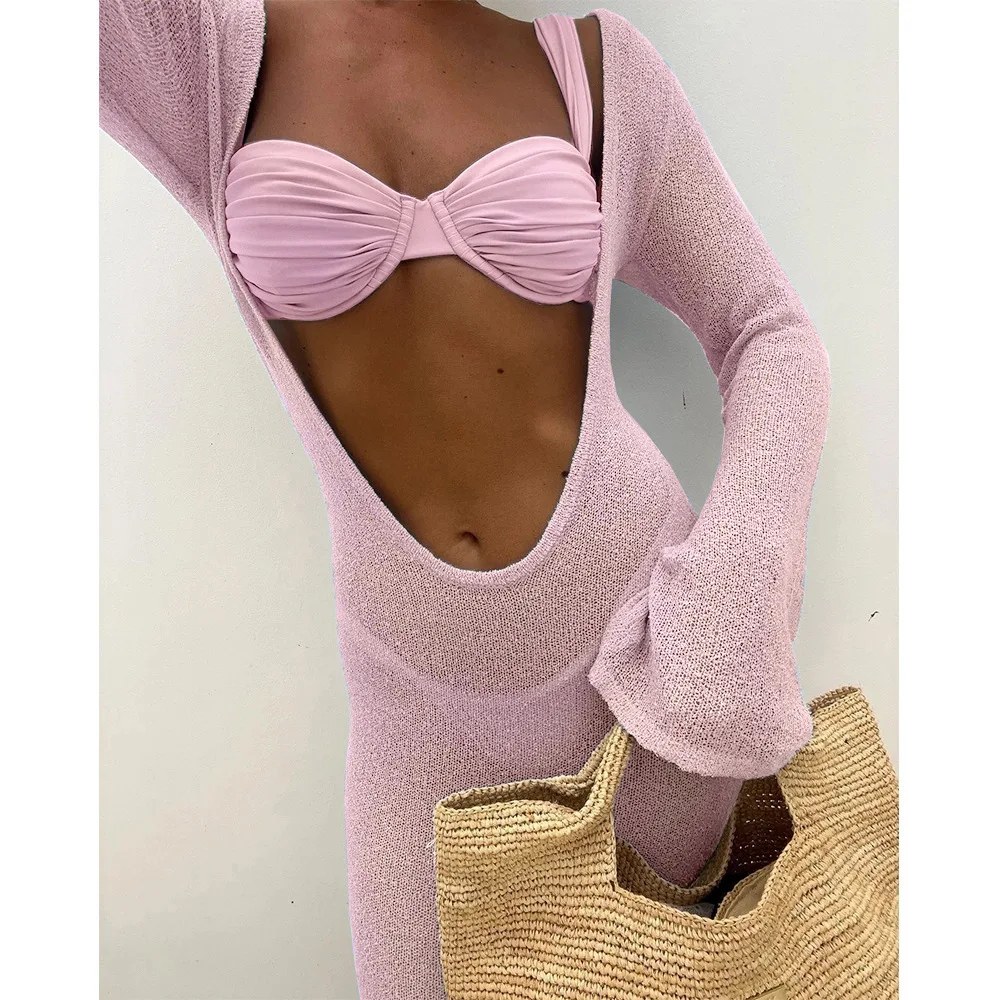 WackDaria Damen-Badeanzug, dreiteilig, Bikini-Set, langärmelig, Kleid, Netzstoff, Überzug, Strand, Schwimmen, Badeanzug