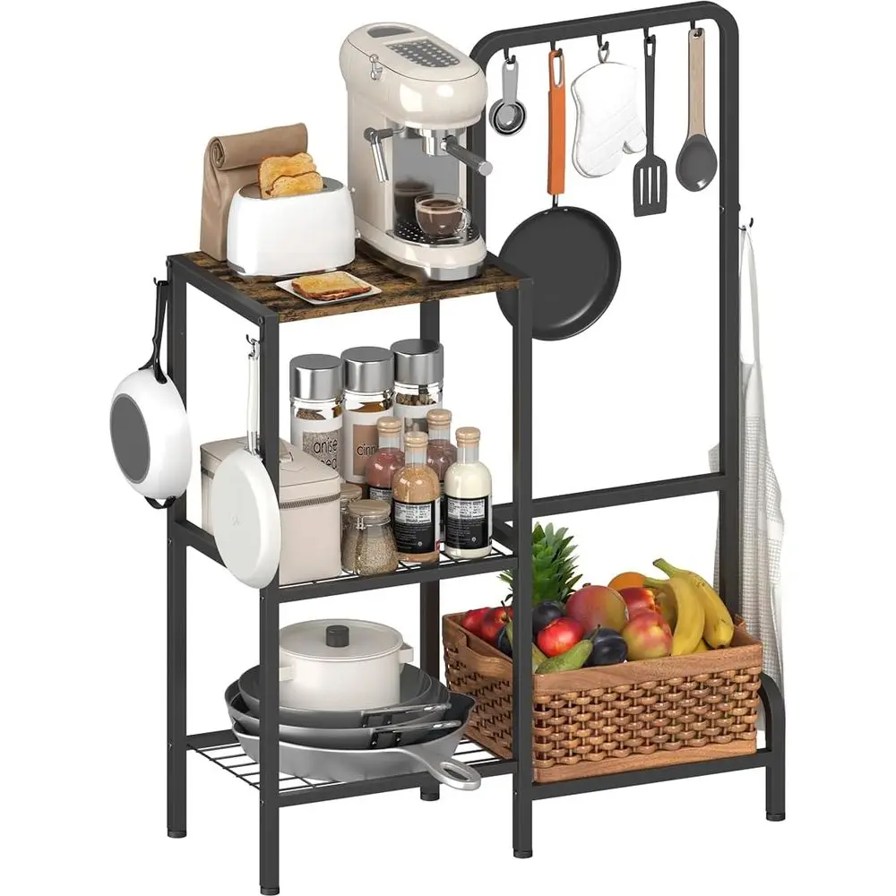 

Kitchen Stand Shelf with Storage, 3-Tier Utility Baker's Rack for Spices, Adjustable Coffee Bar Station with 8 Hooks, Space-Savi
